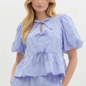 New Light Blue Bow Daisy Embroidered Peplum Top